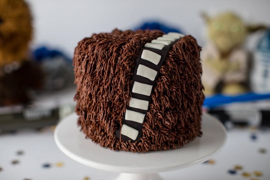 Chocolate buttercream fur cake with a bandolier, Chewbacca style