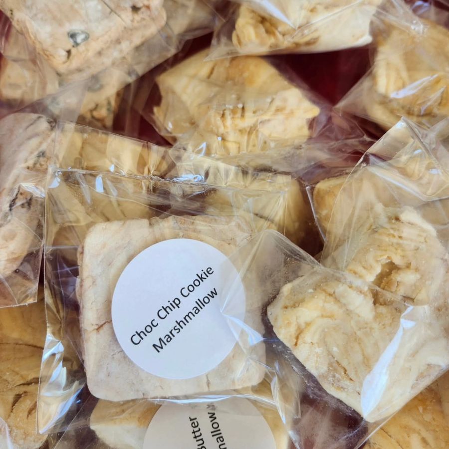 Wrapped gourmet marshmallows labeled chocolate chip cookie marshmallow