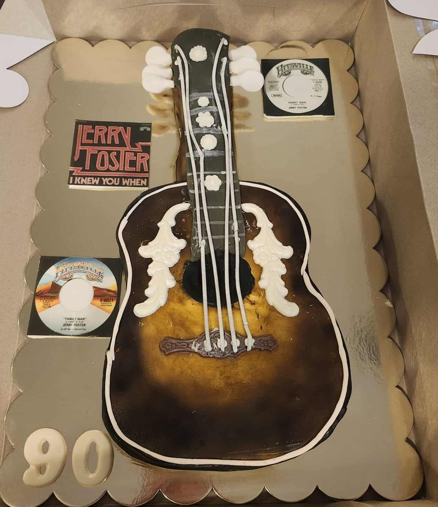 Guitar cake for Jerry Foster's 90th birthday with edible record labels